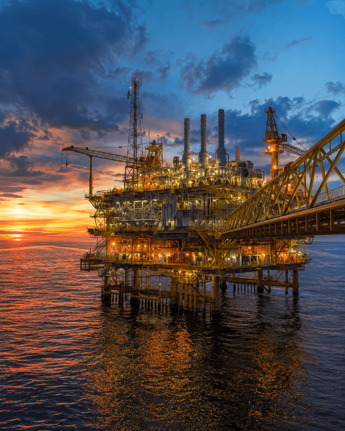 Offshore oil and gas platform at sea during dusk
