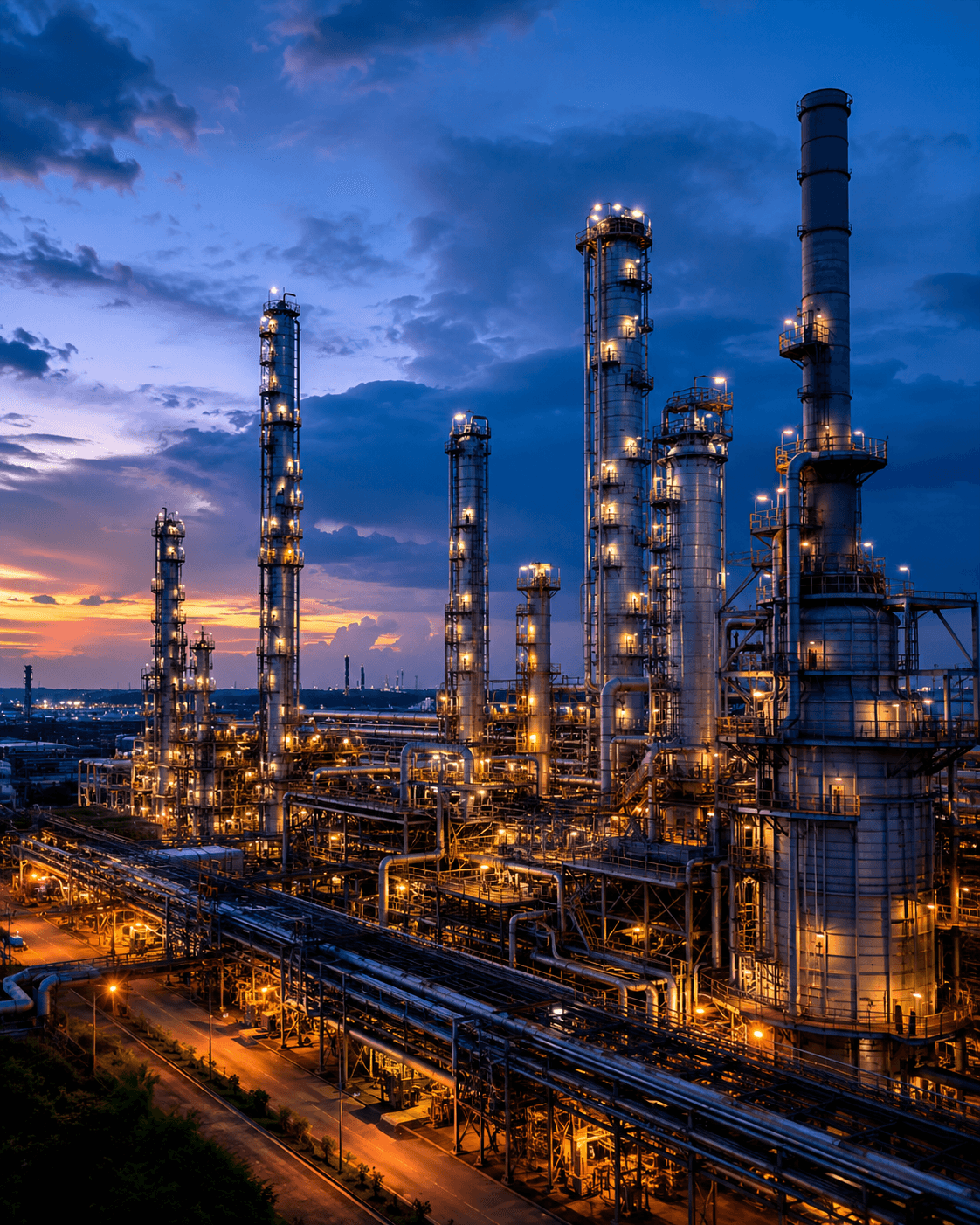 Industrial power and steam plant with cooling towers